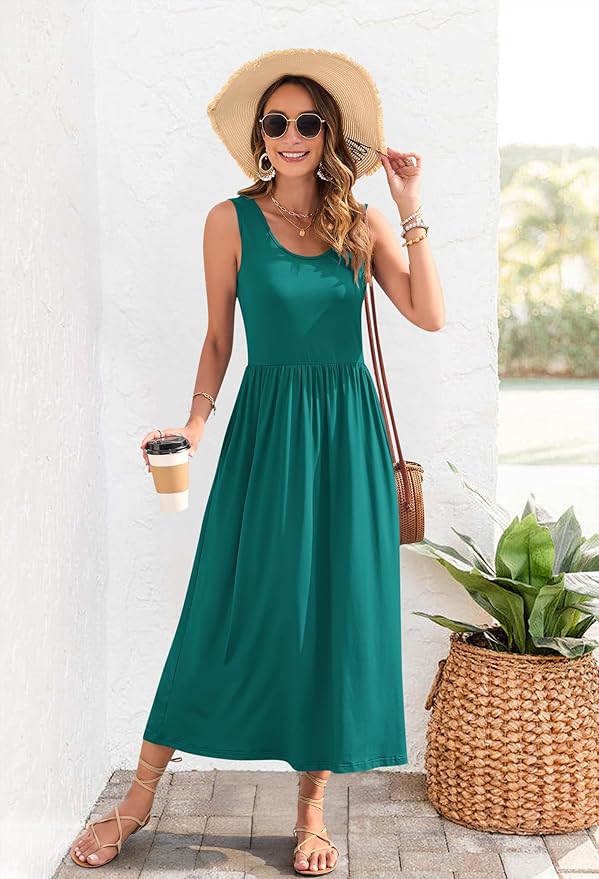 WNEEDU Women's Summer Maxi Dress 2026 Casual Sleeveless Hawaiian Sundress Tropical Long Dress Beach Vacation Outfit