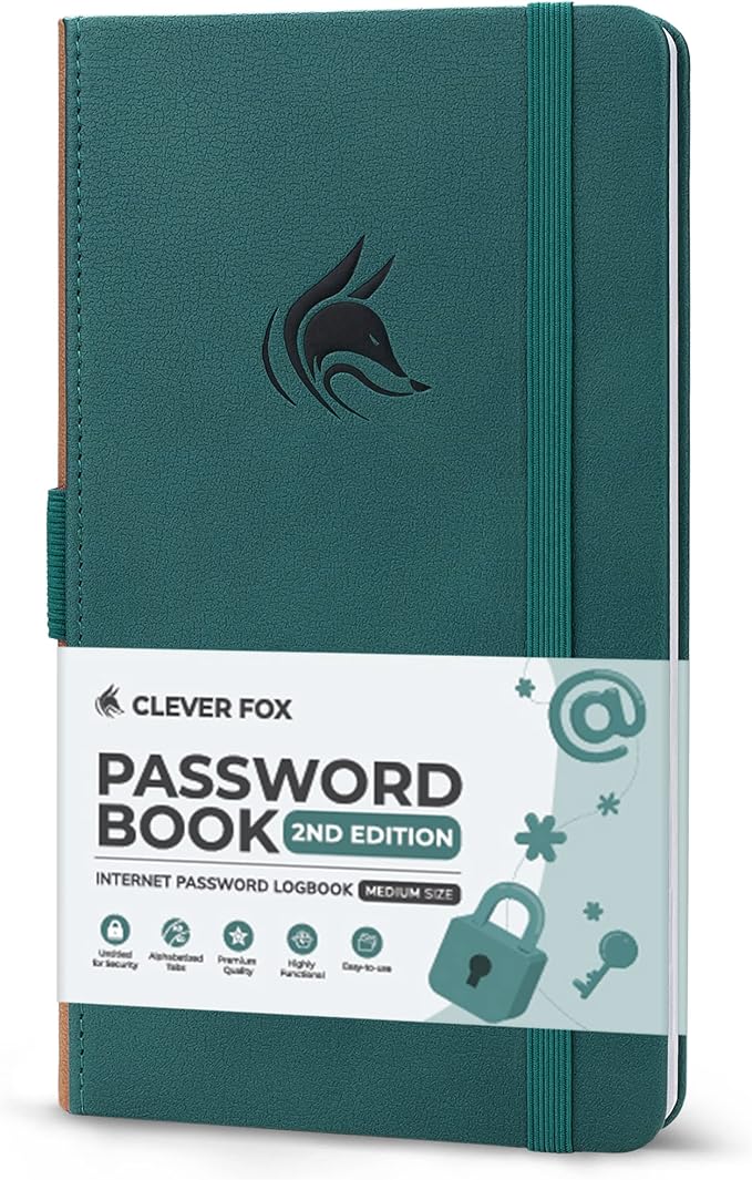 Clever Fox Password Book 2nd Edition – Hardcover Password Keeper with Alphabetical Tabs – Internet Address Notebook & Login Details Organizer Journal – 4.1x7.6” (Dark Teal)