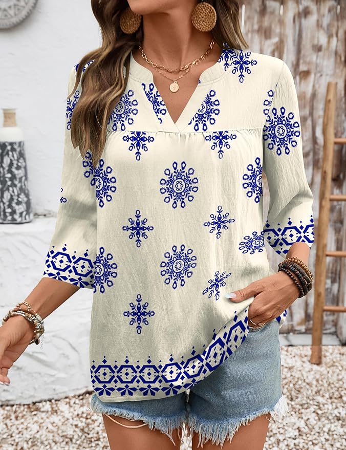 Rapbin Womens 3/4 Sleeve V Neck Floral Print Pleated Blouses for Women Dressy Casual Loose Fit Tops