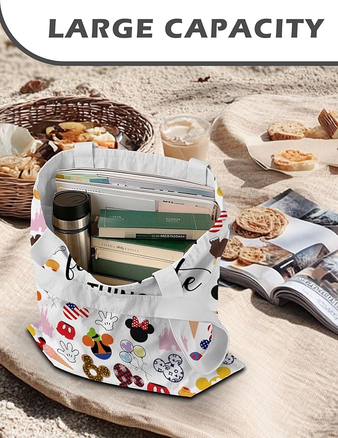 CEASQVAA Vacation Trip Gift Fairytale Fans Canvas Tote Bag Mouse Family Trip Snacks Tote Bag Magic Kingdom Gift Mouse Favorite Things Reusable Grocery Bag for Casual Shopping Travel