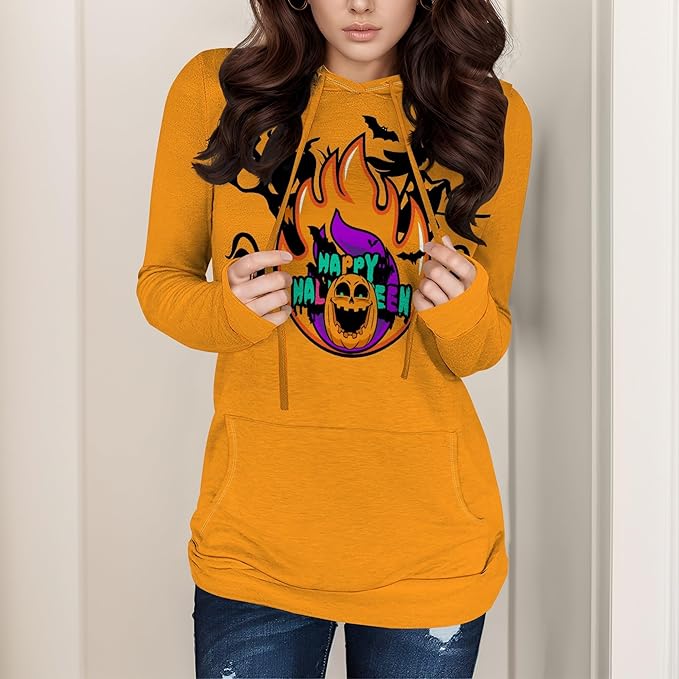 domirica Halloween Hooded Sweatshirt Long Sleeve Pocket Trendy Pumpkin Skull Sweatshirt Halloween Costumes For Holiday Party