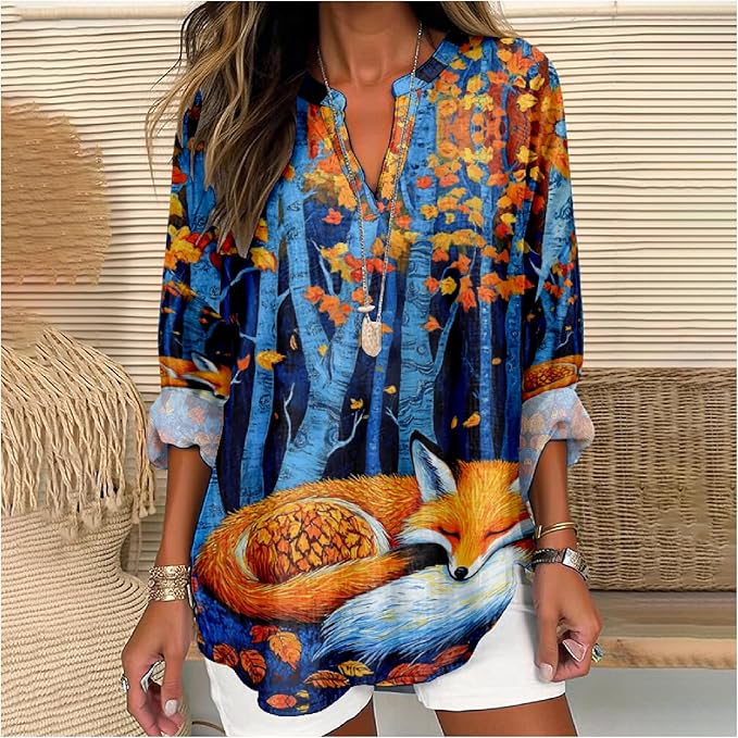 MARSVOVO V Neck Shirt For Women Boho Multi Style Blouse Long Sleeve Novelty Graphic Plus Size Pullover Tops For Women