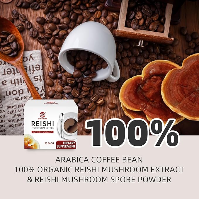 GANOHERB Reishi Mushroom Coffee Mix, Organic Instant Ganoderma Cafe with 100% Natural Ganoderma Lucidum Lingzhi Black Coffee for Stress Relief Better Focus Immune Support, Mix Flavor No Sugar 25 Bag