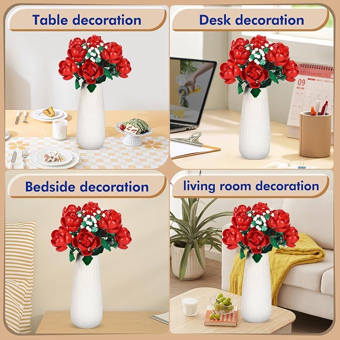 Dexblocks 780 PCS Red Rose Building Flower Bouquet Kit for Adults & Kids, DIY Artificial Flowers Set for Home Decor, Desk Display, Gifts for Women, Girls (Red Rose)