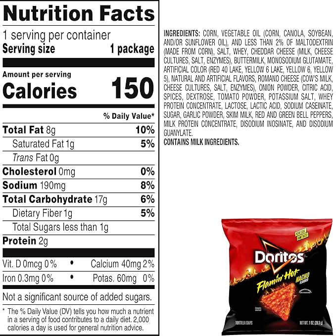 Doritos Flavored Tortilla Chips, Flamin' Hot Nacho, 1 Ounce (Pack of 40)