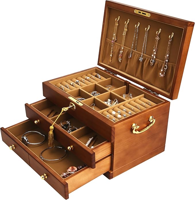 EURIELK Wooden Jewelry Box with Lock and Key for Women, 2 Drawers Medium Size Real Natural Wood Lockable Antique Organizer with Large Storage, Ring Compartments, Built in Necklace Hooks