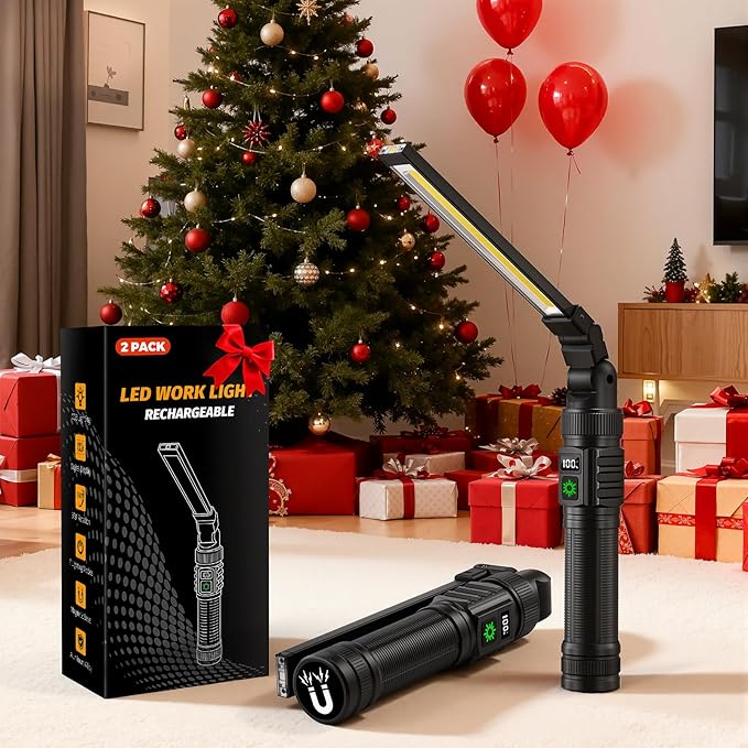 2Pack Magnetic Work Light, All Aluminum & 1500 High Lumens Rechargeable Work Light, 7 Mode & 360° Rotation Mechanic Light, Rechargeable Flashlight for Car Repairing, Valentines Day Tool Gifts for Him