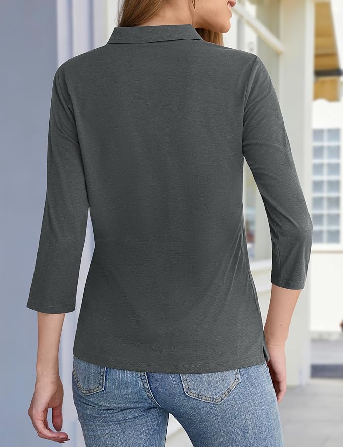 YUCOLEN Polo Shirts for Women 3/4 Sleeve Tops Golf Tees 5-Button Collared Cotton Shirt Business Casual