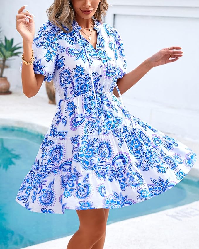 BTFBM Women Summer Floral Short Dresses V Neck Short Sleeve Tiered Ruffle Boho Swing Dress A-Line Mini Dresses