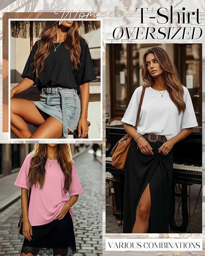 Riyiper 3 Pack Women's Oversized T-Shirt Half Sleeve Summer Tees Casual Loose Fit Crew Neck Basic Tops