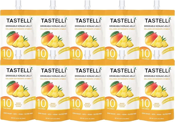 Tastelli Konjac Jelly Infused with Collagen & Vitamin C | Gluten Free, Sugar Free, Low Calorie | Vegan Drinkable Fruit Jelly Snack | Mango Pineapple | 150mL x 10 Pouches