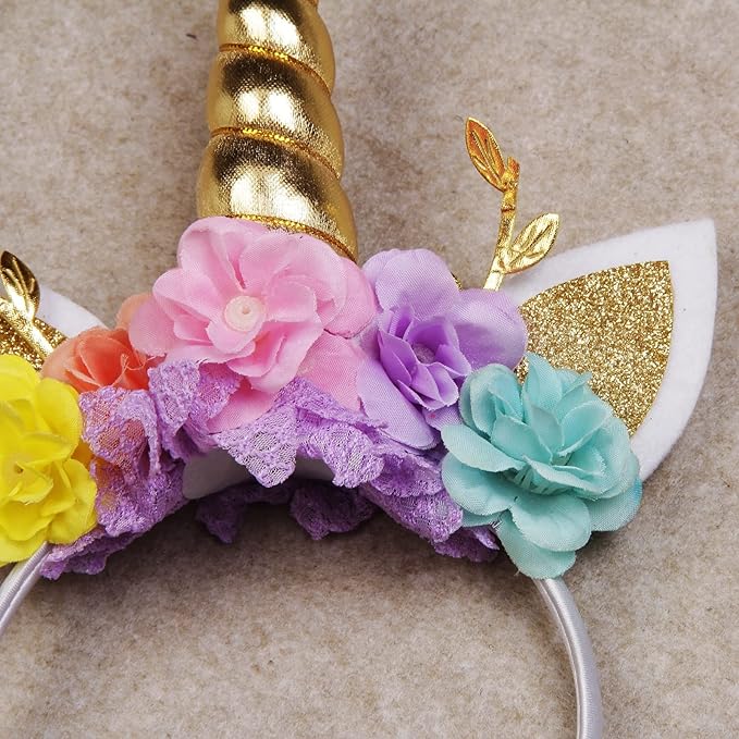 Nishine Unicorn Horn Floral Headband Glitter Ears Pony Head Bands Tiara for Girls Party Birthday Cosplay