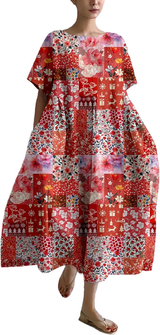 MARSVOVO Patchwork Flowy Dresses for Women Plus Size Loose Casual Tunic Dress Elegant Crewneck Maxi Dresses with Pockets