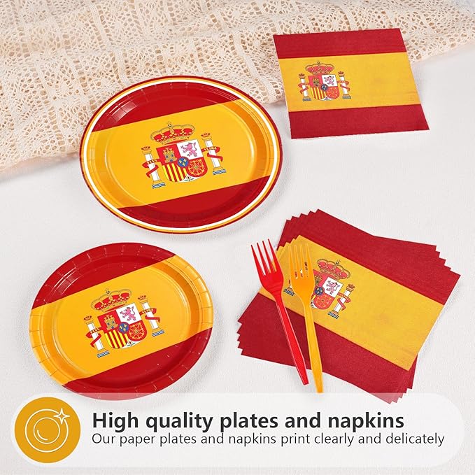 Greencian 96 Pcs Spain Flag Party Decorations Disposable Spanish Flag Paper Plates and Napkins Spanish National Day Tableware Set for Country Decoration Patriotic Festival Party Supplies, Serves 24