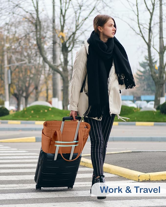 TOPDesign Puffy Tote Bag for Women with Cup Holder & Laptop Compartment & Cosmetic Bag & Trolley Sleeve for Work, Travel