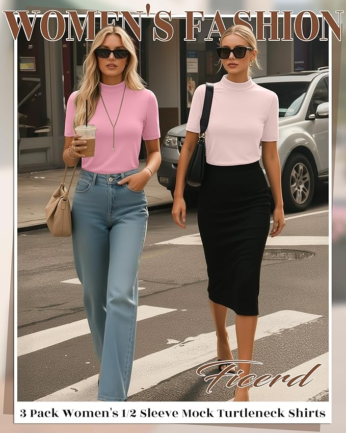 Ficerd 3 Pack Women's 1/2 Sleeve Mock Turtleneck Shirts, Elbow Length Shirt Half Sleeve Tunic Top Casual Summer Basic Tees