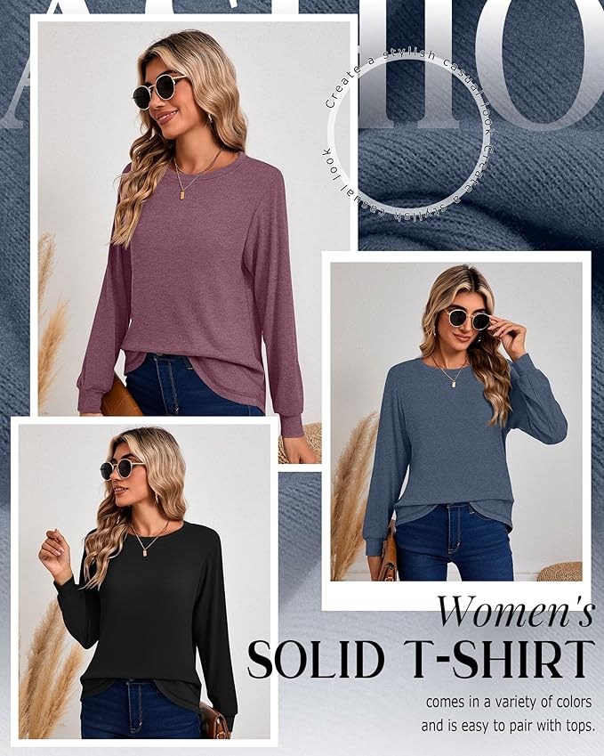 Ficerd 3 Pack Women's Long Sleeve Shirts, Cotton Crew Neck Tunic Tops Casual Loose Fit Pullover Sweatshirts Curved Hem Shirts