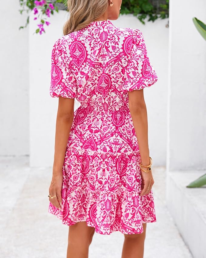 BTFBM Women Summer Floral Short Dresses V Neck Short Sleeve Tiered Ruffle Boho Swing Dress A-Line Mini Dresses