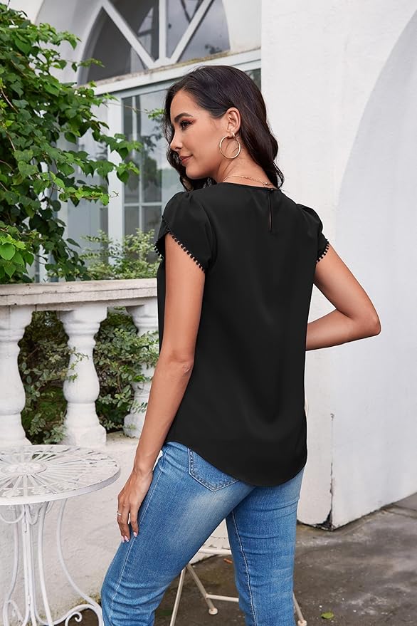 TASAMO Women's Casual Round Neck Basic Pleated Top Cap Sleeve Curved Keyhole Back Chiffon Blouse