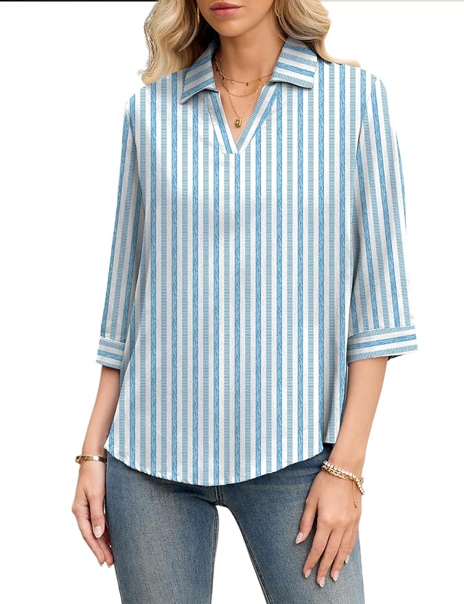 LOMON Womens 3/4 Sleeve Tops V Neck Cotton Linen Work Blouse Polo Shirts for Women Business Casual 2026
