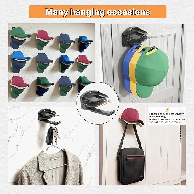 genicuts 8 Packs Hat Organizer ，Holds 40 Hats with Built-in Spring Clips & Hook for Baseball Caps - Wall Mount Closet Hat Rack Holder, Storage for Door/Closet Hat Hanger (Strong Adhesive & Screws)