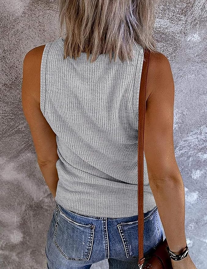 MEROKEETY Women's 2026 Summer Sleeveless Tank Tops V Neck Ribbed Dressy Casual Henley Shirts Button Loose Cami Tees