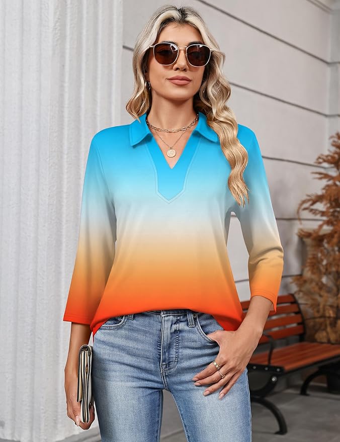 LOMON 3/4 Length Sleeve Womens Tops 2026 Spring Summer Collared Polo Shirts V Neck Casual Basic Polos Tees Shirt