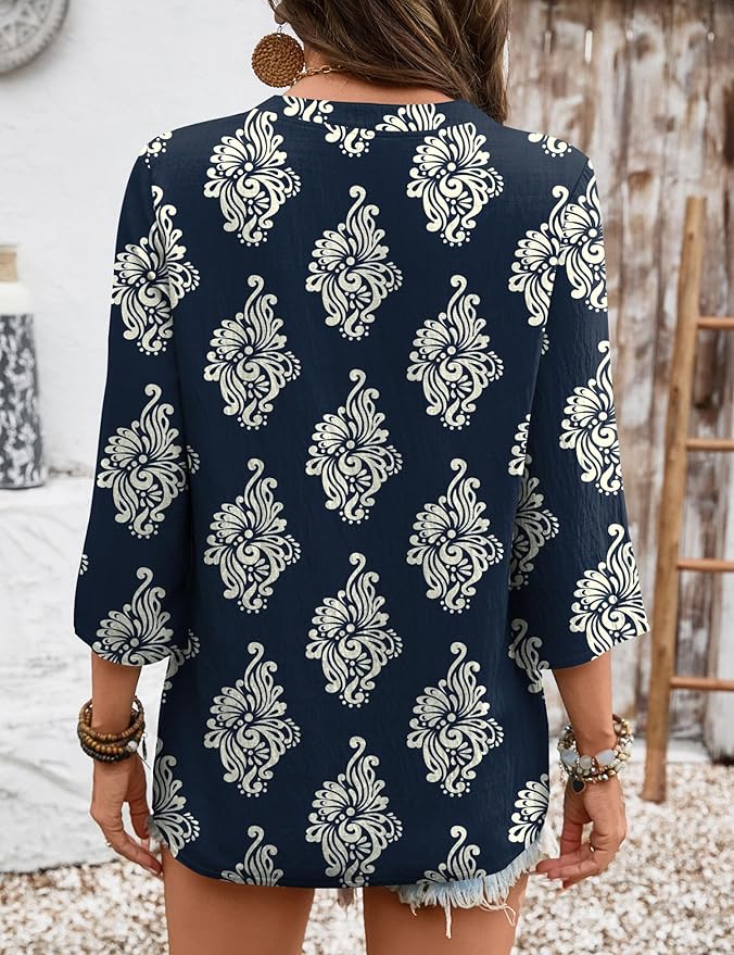 Rapbin Womens 3/4 Sleeve V Neck Floral Print Pleated Blouses for Women Dressy Casual Loose Fit Tops