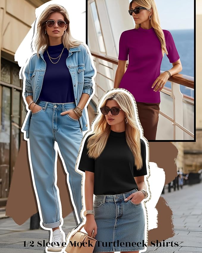 Ficerd 3 Pack Women's 1/2 Sleeve Mock Turtleneck Shirts, Elbow Length Shirt Half Sleeve Tunic Top Casual Summer Basic Tees