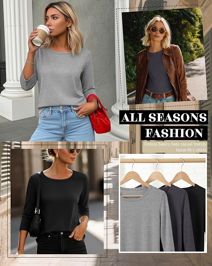 Ficerd 3 Pack 3/4 Sleeve Tops for Women Round Neck Dressy Basics Tees Casual Trendy Loose Fit T Shirts