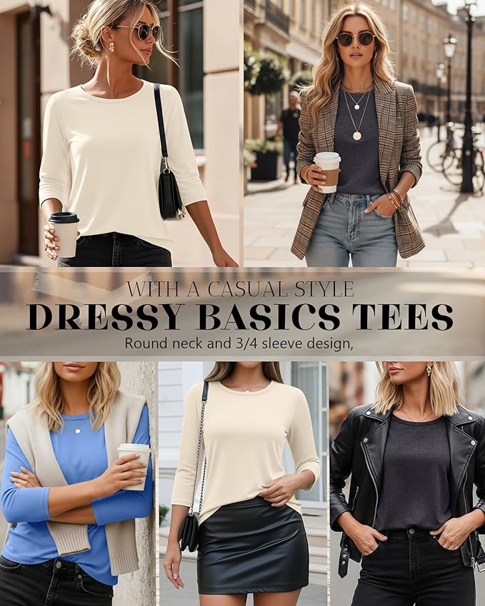 Ficerd 3 Pack 3/4 Sleeve Tops for Women Round Neck Dressy Basics Tees Casual Trendy Loose Fit T Shirts