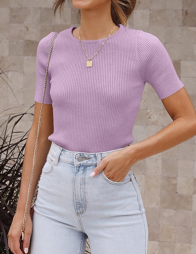ZESICA Women's Short Sleeve Sweater Tops 2026 Summer Crewneck T Shirt Ribbed Knit Slim Fit Basic Solid Color Tee