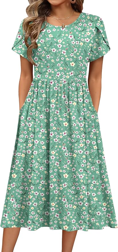 HOTOUCH Women's Summer A-Line Midi Dresses 2026 Casual Floral Short Sleeve T-Shirt Dress Flowy Beach Sundress with Pockets