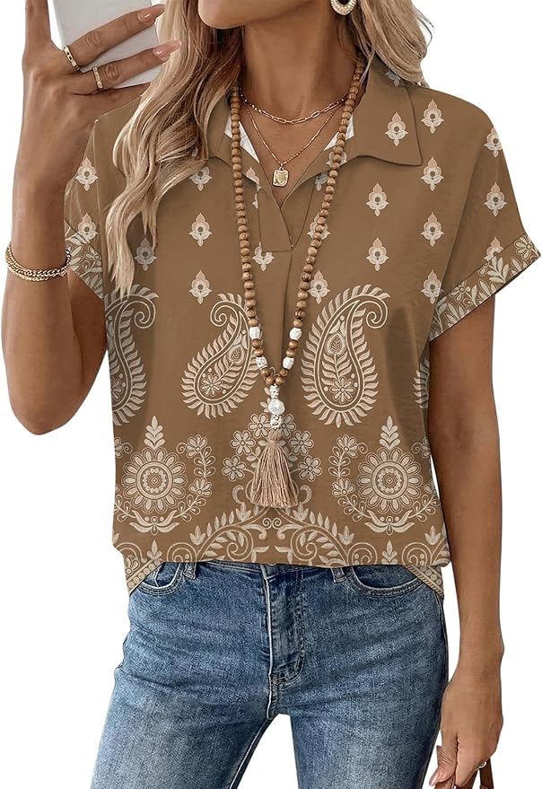 LOMON Women Blouses Spring Summer Tops for Women 2026 Short Sleeve V Neck Dressy Casual Collared Shirts Work Office