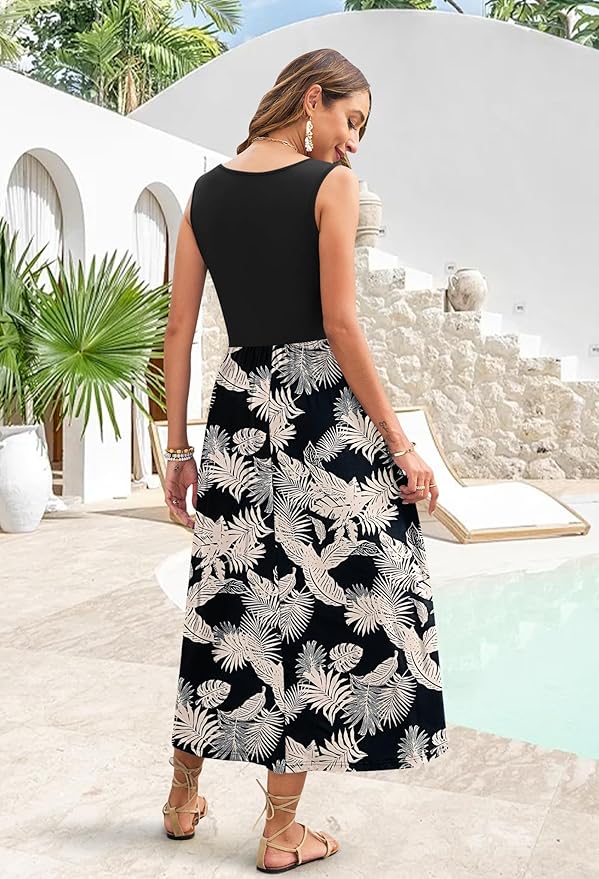 WNEEDU Women's Summer Maxi Dress 2026 Casual Sleeveless Hawaiian Sundress Tropical Long Dress Beach Vacation Outfit