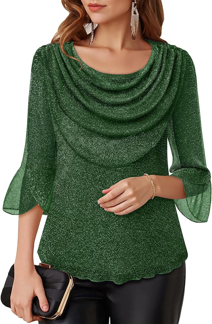 Lotusmile Blouses for Women Dressy Casual 3/4 Sleeve Cowl Neck Sparkly Tops Cocktail Shirts for Evening Party
