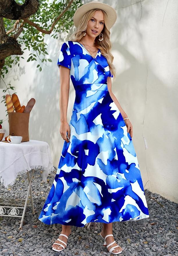 AUSELILY Maxi Dresses for Women Ankle Length Floral Print Beach Long Flowy Dress with Pockets