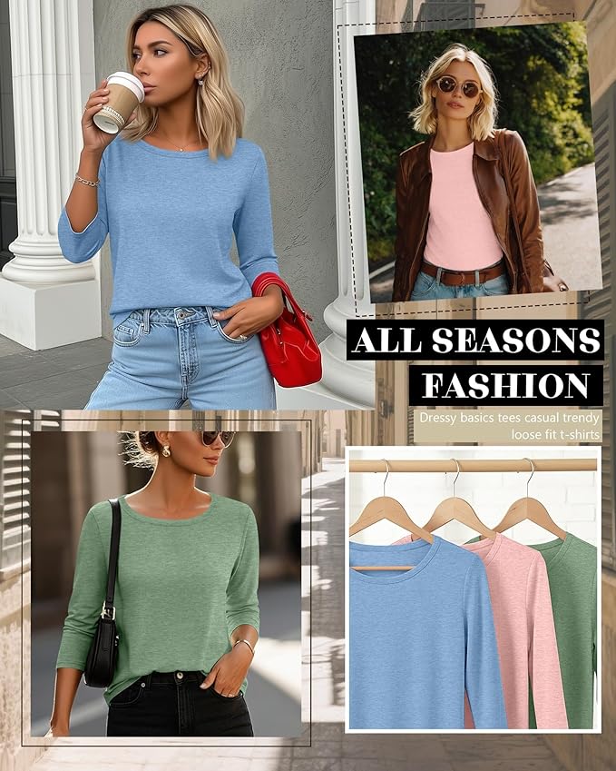 Ficerd 3 Pack 3/4 Sleeve Tops for Women Round Neck Dressy Basics Tees Casual Trendy Loose Fit T Shirts