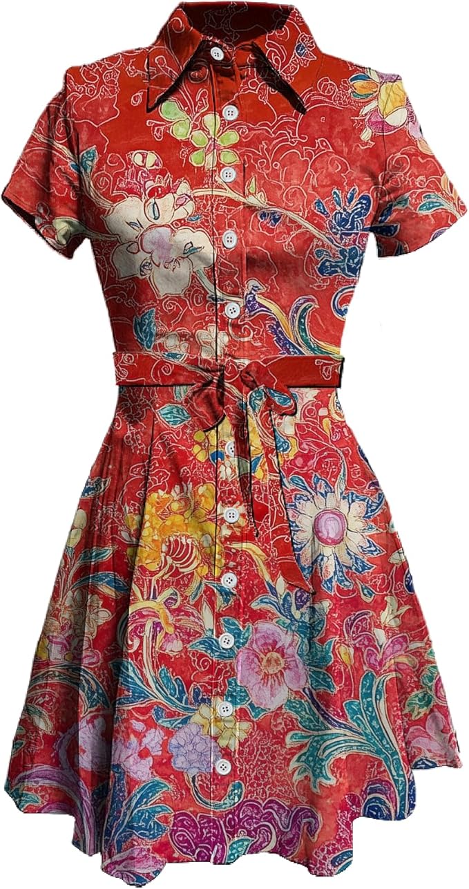 MARSVOVO Vintage Retro Shirt Dress for Women Short Sleeve Button Down Tie Waist Elegant Smocked Knee Length Dress
