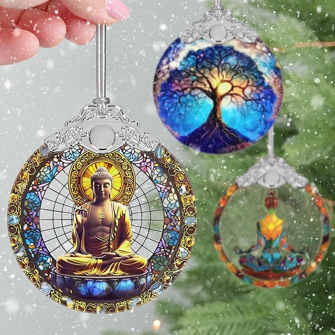 Tathagata Buddha Christmas Ornaments, 3" Stained Glass Christmas Decor, Christmas Tree Ornaments, Gifts for Women Men, Unique Gift Idea, Perfect for Holiday Party, Tree, Window, Home Decor