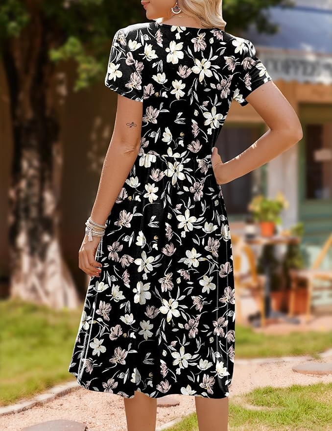 HOTOUCH Women's Summer A-Line Midi Dresses 2026 Casual Floral Short Sleeve T-Shirt Dress Flowy Beach Sundress with Pockets
