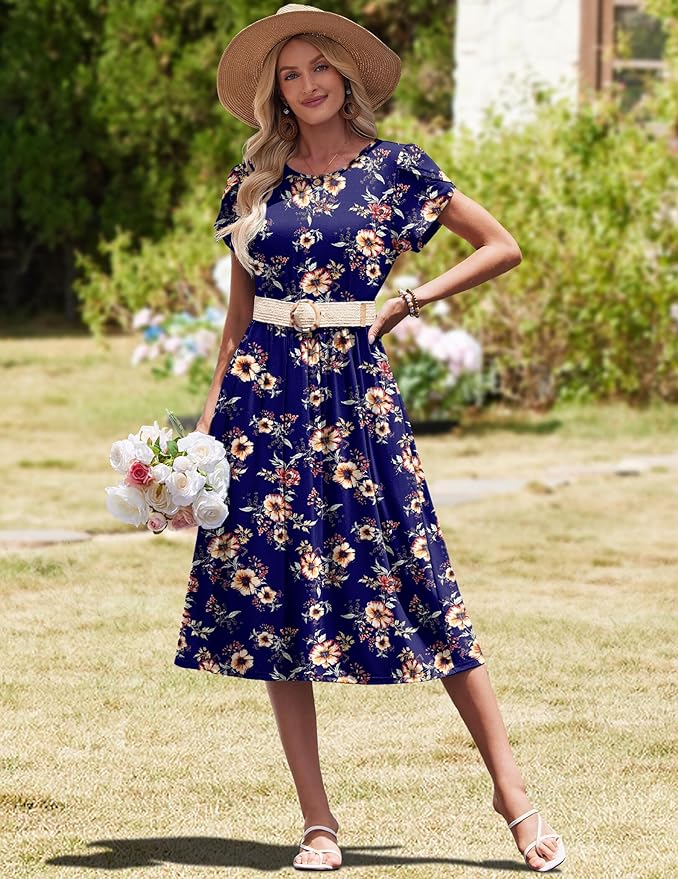HOTOUCH Women's Summer A-Line Midi Dresses 2026 Casual Floral Short Sleeve T-Shirt Dress Flowy Beach Sundress with Pockets