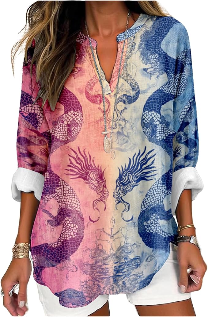 MARSVOVO V Neck Shirt For Women Boho Multi Style Blouse Long Sleeve Novelty Graphic Plus Size Pullover Tops For Women