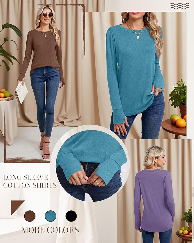 Huukeay 3 Pack Women's Long Sleeve Shirts with Thumb Holes, Cotton Casual Crew Neck Tunic Tops Fall Loose Y2k Trendy Outfits