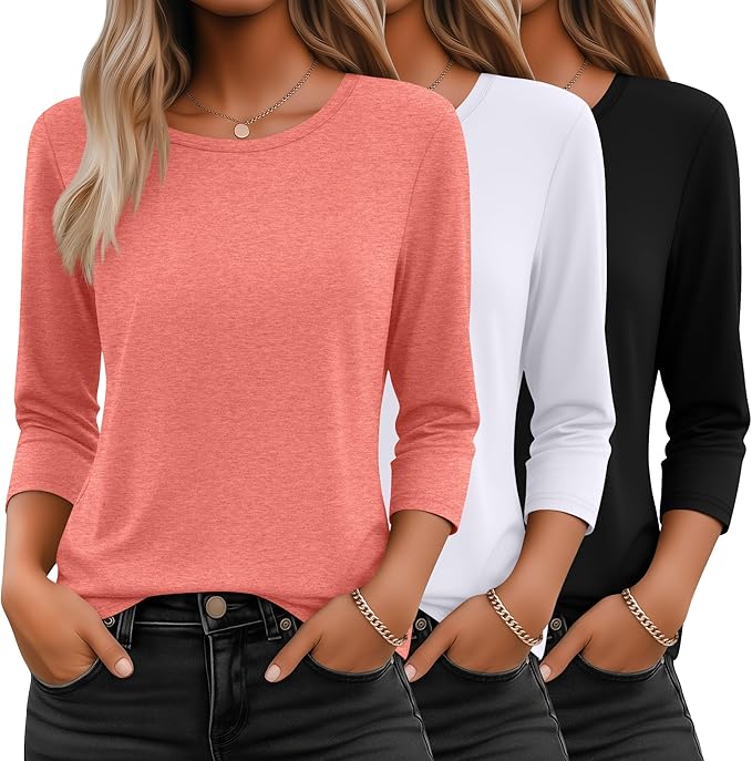 Ficerd 3 Pack 3/4 Sleeve Tops for Women Round Neck Dressy Basics Tees Casual Trendy Loose Fit T Shirts