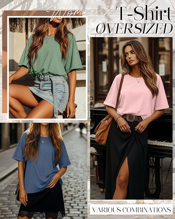 Riyiper 3 Pack Women's Oversized T-Shirt Half Sleeve Summer Tees Casual Loose Fit Crew Neck Basic Tops