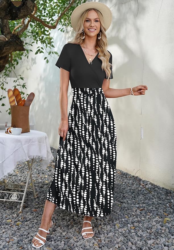 AUSELILY Maxi Dresses for Women Ankle Length Floral Print Beach Long Flowy Dress with Pockets