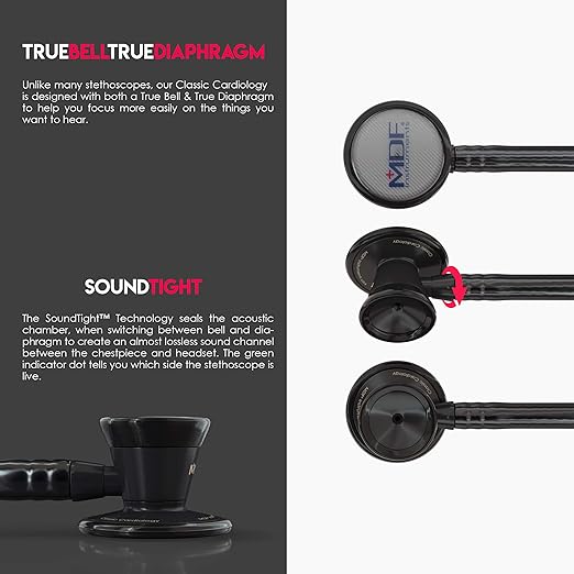 MDF Instruments, ProCardial Cardiology Stethoscope, Stainless Steel, Adult, Dual Head, Black Tube, Black Chestpiece-Headset, MDF797BO