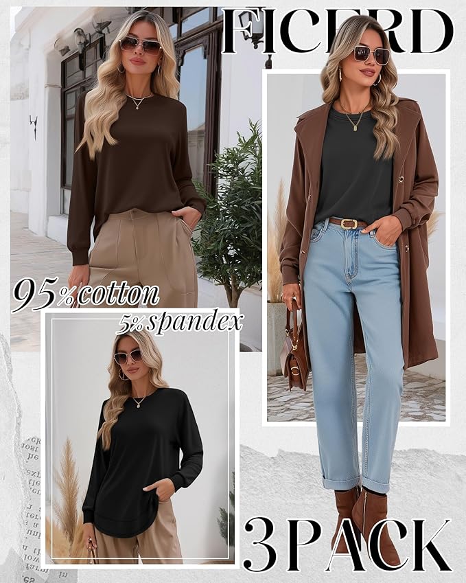 Ficerd 3 Pack Women's Long Sleeve Shirts, Cotton Crew Neck Tunic Tops Casual Loose Fit Pullover Sweatshirts Curved Hem Shirts