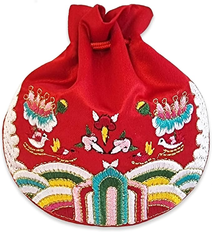 Seoulful Vintage Korean Embroidered Bokjumeoni - Traditional Lucky Pouch - Hanbok Fortune New Year's Gifts Bag (Red)